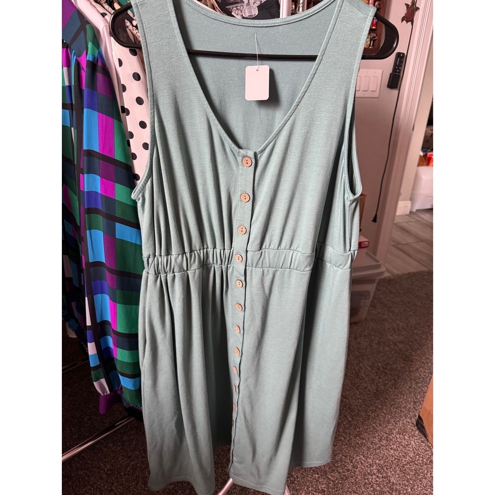 013 Sage Green Button Down Sleeveless‎ V-Neck Elastic Waist Jersey Knit Dress